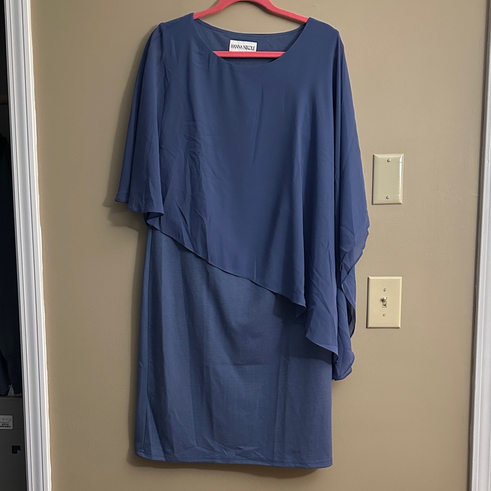 Elegant Asymmetric Slate Blue Dress with Draped Overlay